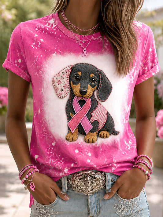 Women's Hope For A Cure Pink Ribbon Dog Print Breast Cancer Awareness Support Tee