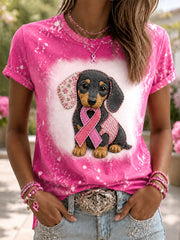 Women's Hope For A Cure Pink Ribbon Dog Print Breast Cancer Awareness Support Tee