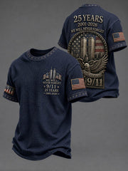 Men's WE WILL NEVER FORGET 9/11 25 YEARS 2001-2026 Waffle  Tee