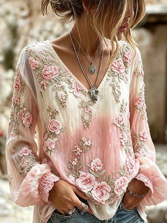 Women's Classy Floral Print Gradient V Neck Cotton-Linen Shirt