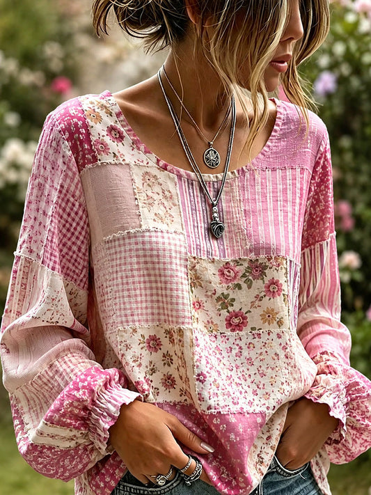 Women's Pink Floral Patchwork Art Cotton Linen Shirt
