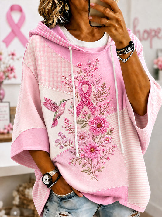 Women's Pink Floral & Hummingbird Print Breast Cancer Awareness Support Short-Sleeve Hoodie