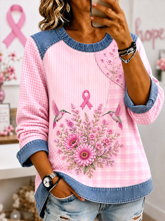 Women's Pink Floral & Hummingbird Print Breast Cancer Awareness Support Denim Patchwork Sweatshirt