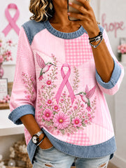 Women's Pink Floral & Hummingbird Print Breast Cancer Awareness Support Denim Patchwork Sweatshirt
