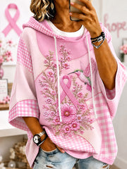 Women's Pink Floral & Hummingbird Print Breast Cancer Awareness Support Short-Sleeve Hoodie