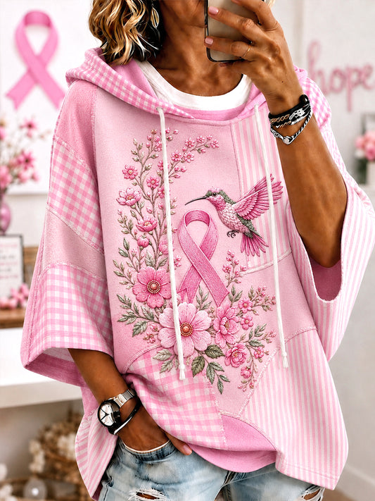 Women's Pink Floral & Hummingbird Print Breast Cancer Awareness Support Short-Sleeve Hoodie
