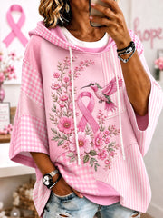 Women's Pink Floral & Hummingbird Print Breast Cancer Awareness Support Short-Sleeve Hoodie