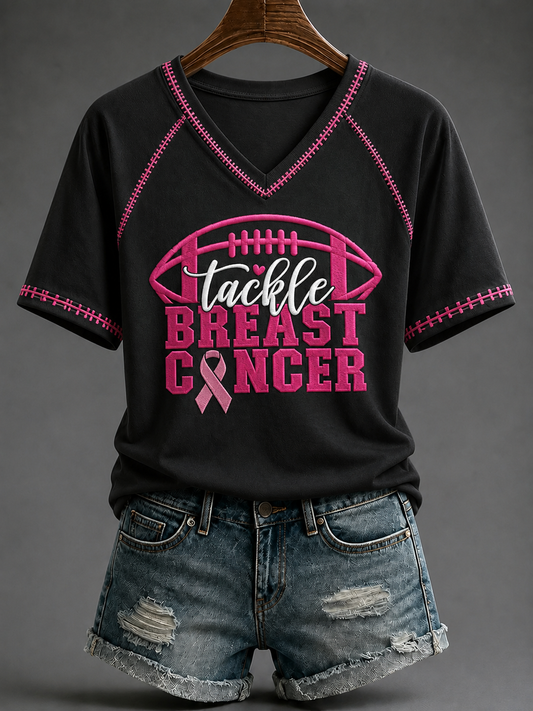 Women's Tackle Breast Cancer V-neck Off-shoulder Short-sleeved T-shirt