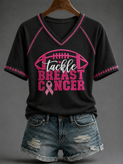Women's Tackle Breast Cancer V-neck Off-shoulder Short-sleeved T-shirt