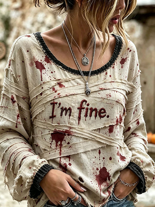 Women's"I'm Fine" Halloween Bloody Gothic Style Casual Cotton-Linen Shirt