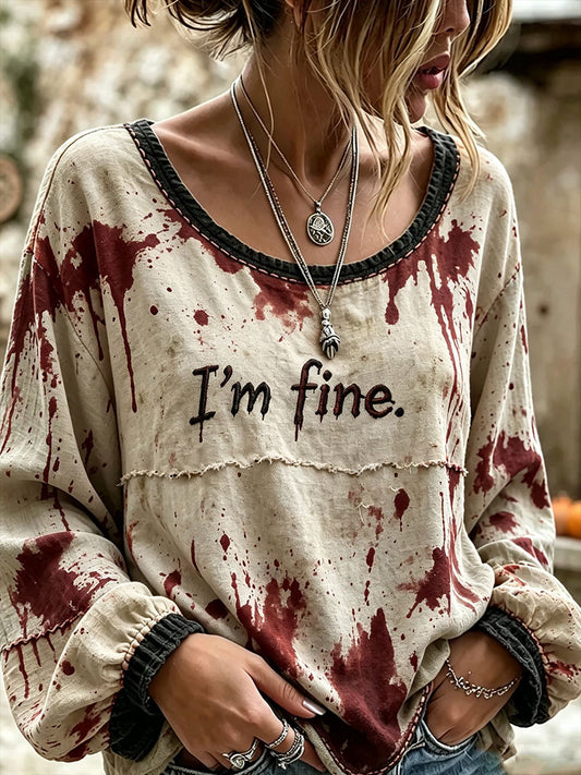 Women's"I'm Fine" Halloween Bloody Gothic Style Casual Cotton-Linen Shirt