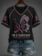 Women's Breast Cancer V-neck Off-shoulder Short-sleeved T-shirt