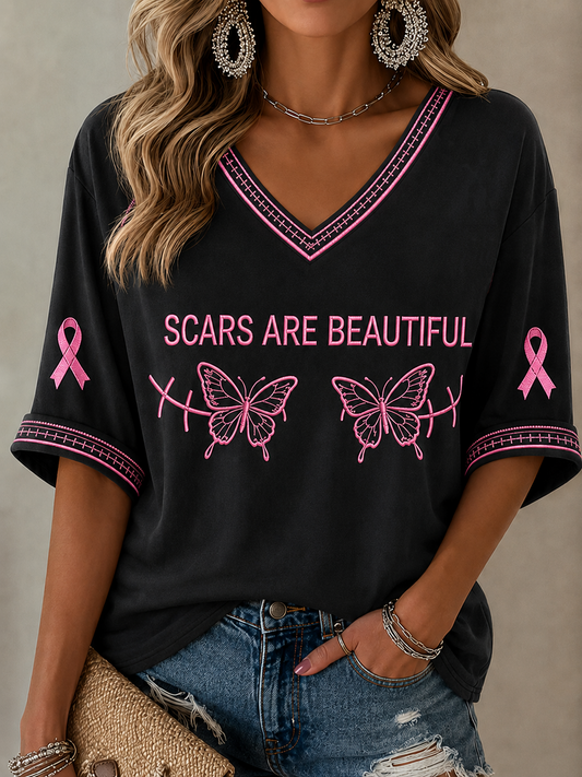 Women's Scars Are Beautiful Mid-length Sleeves V-Neck T-Shirt
