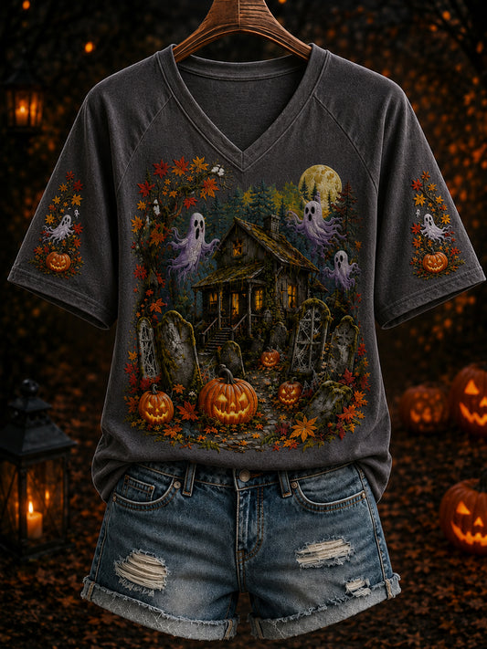 Women's Halloween Ghost Pumpkin Art V-neck Short Sleeve T-shirt