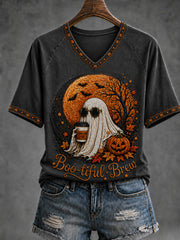 Women's  Halloween Funny Ghost Pumpkin  V-neck Short Sleeve T-shirt