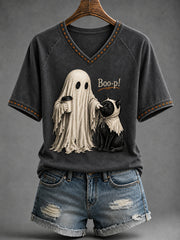 Women's Black Cat Halloween  Ghost Boop V-neck Short Sleeve T-shirt