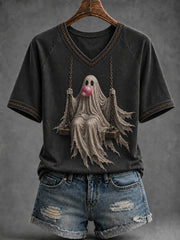 Women's Halloween Ghost on Swing V-neck Short Sleeve T-shirt
