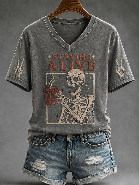 Women's "Staying Alive" Trendy Coffee Funny Skulls Halloween Casual T-Shirt