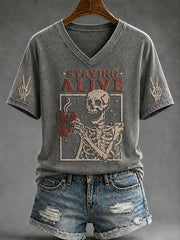 Women's "Staying Alive" Trendy Coffee Funny Skulls Halloween Casual T-Shirt