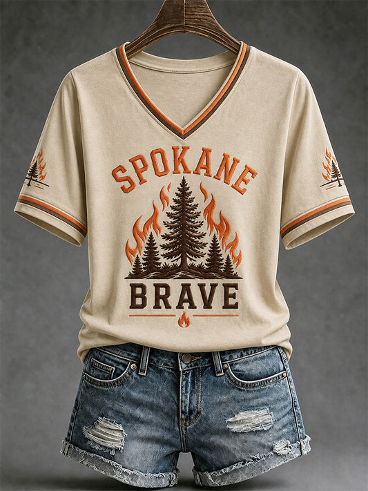 Women's Pray For Spokane Complex Fire Print Casual V-Neck Tee