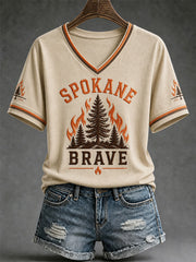 Women's Pray For Spokane Complex Fire Print Casual V-Neck Tee