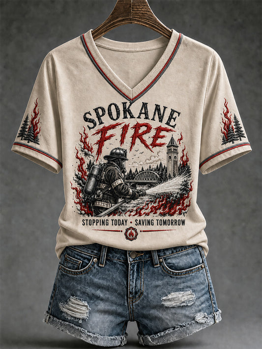 Women's Pray For Spokane Complex Fire Print Casual V-Neck Tee