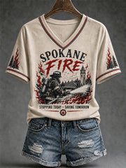 Women's Pray For Spokane Complex Fire Print Casual V-Neck Tee