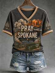 Women's Pray For Spokane Complex Fire Print Casual V-Neck Tee