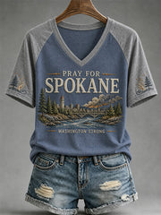 Women's Pray For Spokane Complex Fire Print Casual V-Neck Tee