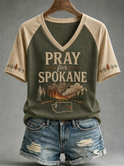 Women's Pray For Spokane Complex Fire Print Casual V-Neck Tee