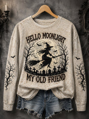Women's Funny Halloween Witch Hello Darkness My Old Friend Print Casual Sweatshirt