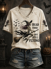 Women's Funny Halloween Skull Witch Print Casual V-Neck Tee
