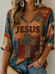 Women's Fall Jesus Cross Art Mid-length Sleeves V-Neck T-Shirt
