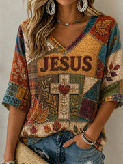 Women's Fall Jesus Cross Art Mid-length Sleeves V-Neck T-Shirt
