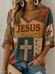 Women's Fall Jesus Cross Art Mid-length Sleeves V-Neck T-Shirt
