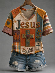 Women's Fall Jesus Cross Art Short Sleeve T-shirt