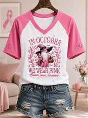 Women's In October We Wear Pink Halloween Pink Ghost Print Breast Cancer Awareness Support V-Neck Tee