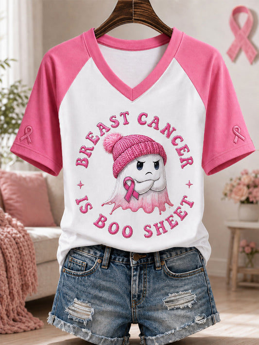Women's Breast Cancer Is Boo Sheet Halloween Pink Ghost Print Breast Cancer Awareness Support V-Neck Tee