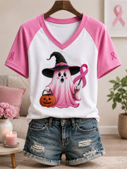 Women's In October We Wear Pink Halloween Pink Ghost Print Breast Cancer Awareness Support V-Neck Tee