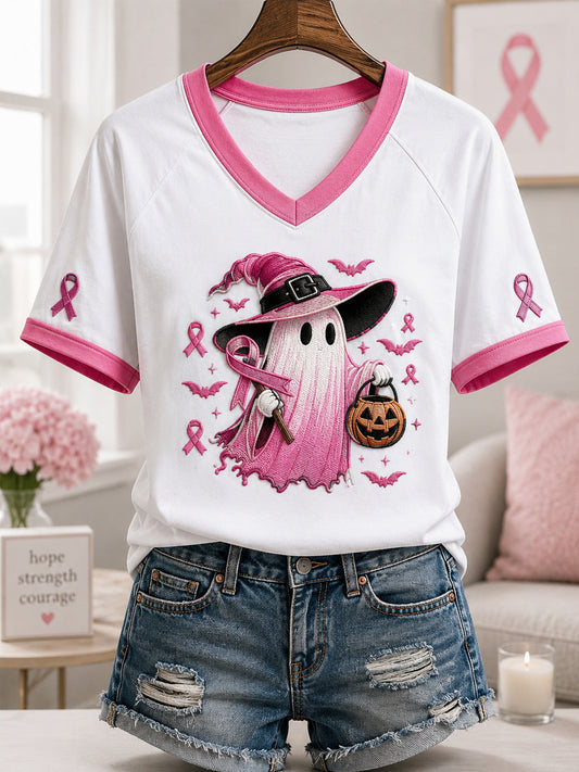 Women's In October We Wear Pink Halloween Pink Ghost Print Breast Cancer Awareness Support V-Neck Tee