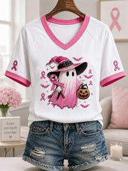 Women's In October We Wear Pink Halloween Pink Ghost Print Breast Cancer Awareness Support V-Neck Tee
