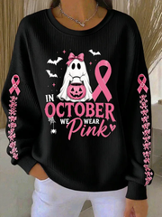 Women's In October We Wear Pink Ribbed Round-Neck Sweatshirt