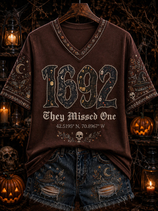 Women's “1692 they messed one ” Printed V-neck T-shirt