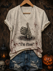 Women's Halloween “i’m fine” Printed V-neck T-shirt