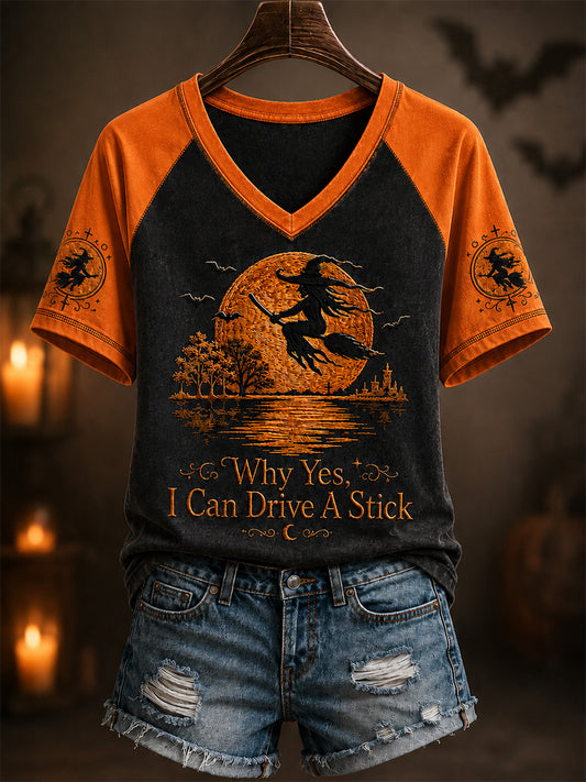 Women's Funny Halloween Witch Why Yes,Actually I Can Drive A Stick Print Casual V-Neck Tee