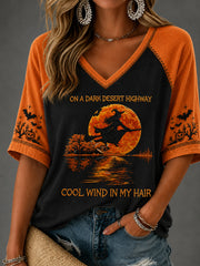 Women's Halloween Witch Pumpkin Bat  Mid-length Sleeves V-Neck T-Shirt