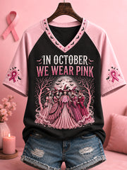 Women's In October We Wear Pink Halloween Pink Witches Print Breast Cancer Awareness Support V-Neck Tee