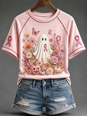 Women's Breast Cancer Awareness Ghost Halloween Print Round Neck Short Sleeve T-shirt
