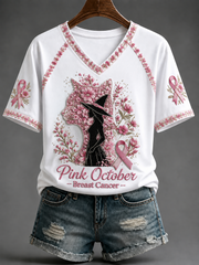 Women's Pink October Breast Cancer V-neck Off-shoulder Short-sleeved T-shirt