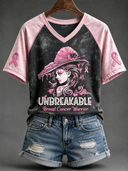 Women's Halloween Breast Cancer Warrior Unbreakable Print V-neck Short-sleeved T-shirt